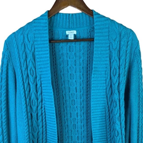 L.L. Bean Ladies Cable Knit Cardigan Long Sleeve Open Front Teal Sweater Medium - Picture 6 of 7